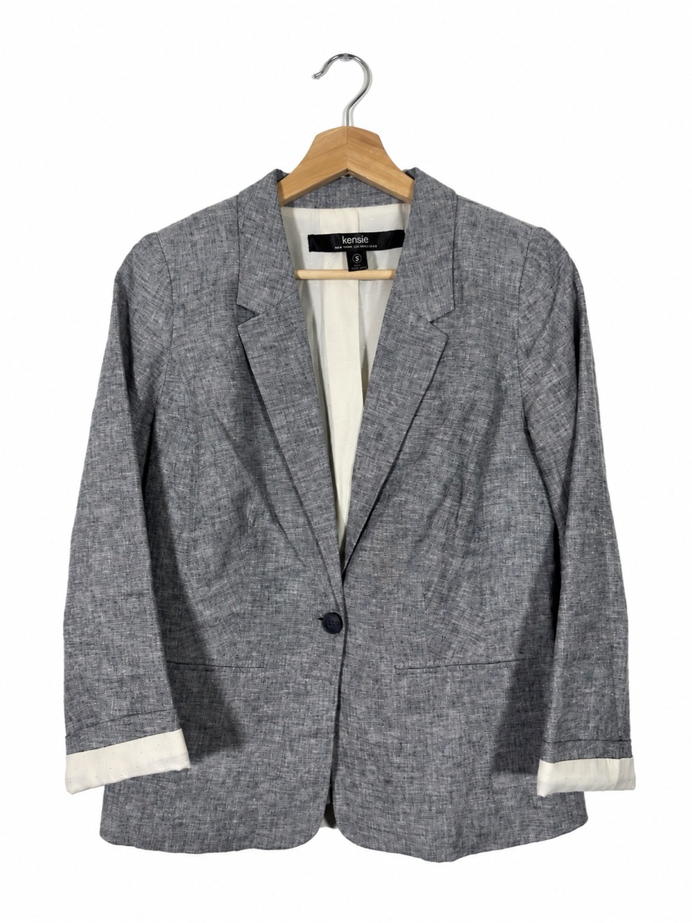 Kensie Women's Roll Cuff Blazer Linen Cotton Size S Gray Office Business Casual